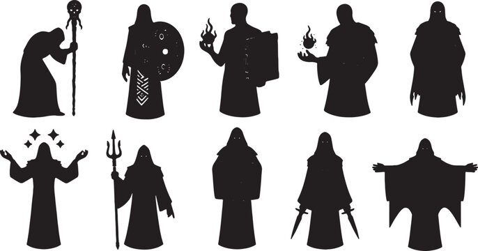 Vector collection of fantasy character silhouettes featuring wizards with staves, mages with fireballs, hooded cultists, warriors with shields, and mystical priests on a white background.