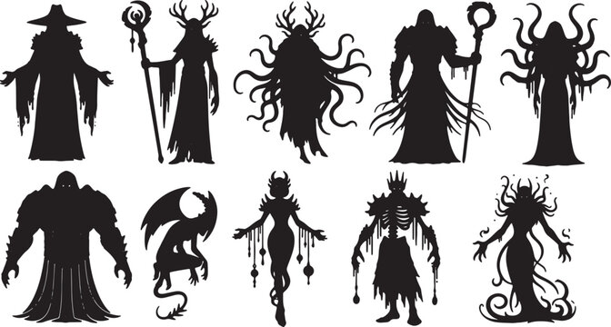 Collection of ten dark fantasy character silhouettes including a necromancer, horned druid, tentacled eldritch horror, skeletal lich king, armored mage, demon, and gothic entities.