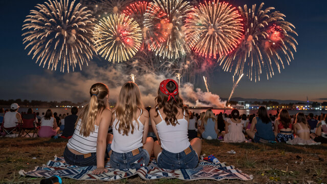 People watching fireworks display over water