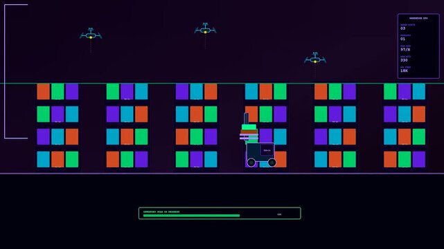 Automated logistics flow visualization shown as a graphical dashboard with mobile robots moving boxes through an industrial warehouse storage system under glowing overhead navigation light nodes