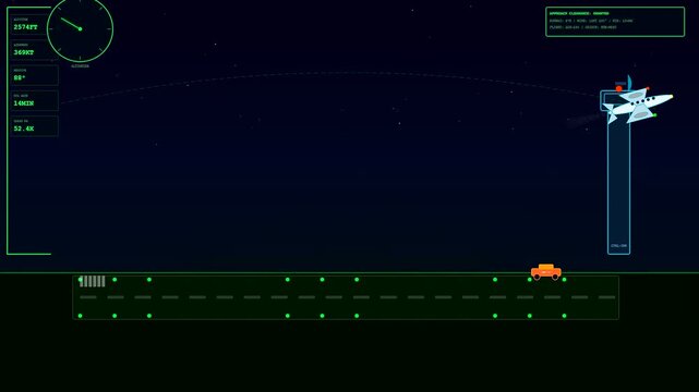 A logistics flow visualization sequence showing a cargo plane descending onto a digital runway while an automated vehicle drives alongside the landing site in flight