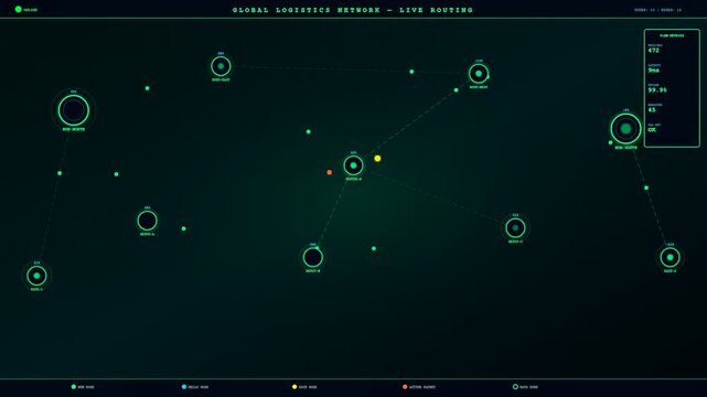 A digital logistics flow visualization mapping complex node connectivity across a dark virtual grid system showing animated data paths shifting through various interconnected points and nodes