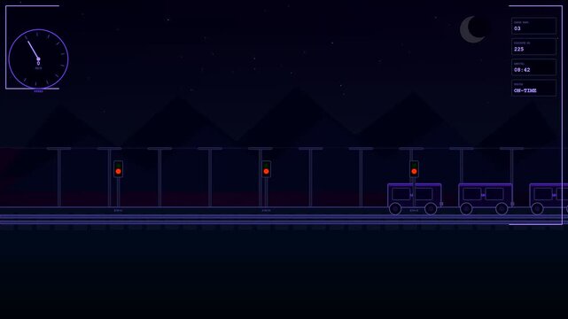 A logistics flow visualization display monitors a digital train movement through a dark landscape with glowing red signals under a starry night sky above terrain