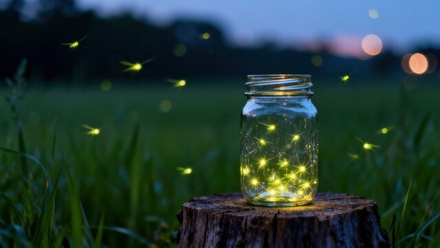 Jar with glowing fireflies in field