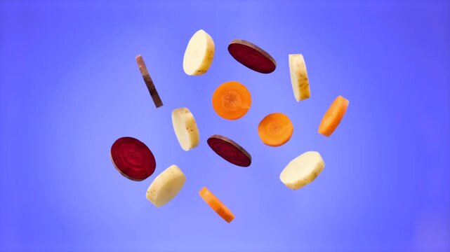 Chopped pieces of raw carrot, beetroot, and potato tumbling through the air in a seamless loop. This vibrant studio animation uses a solid purple backdrop to highlight fresh agricultural produce.
