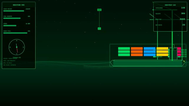 A digital logistics flow visualization rendered in vibrant green tones displaying autonomous container ships moving across a dark screen interface with complex data metrics updating continuously