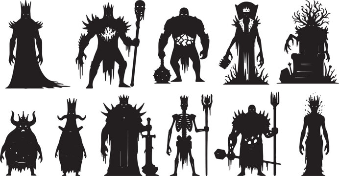 Collection of dark fantasy character silhouettes including a skeleton king, armored warriors, demonic creatures, and mystical sorcerers, isolated on a plain white background.
