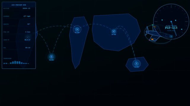 a logistics flow visualization displaying multiple airplane flight paths across global navigation maps with digital data interfaces shown in a vibrant blue graphical interface design