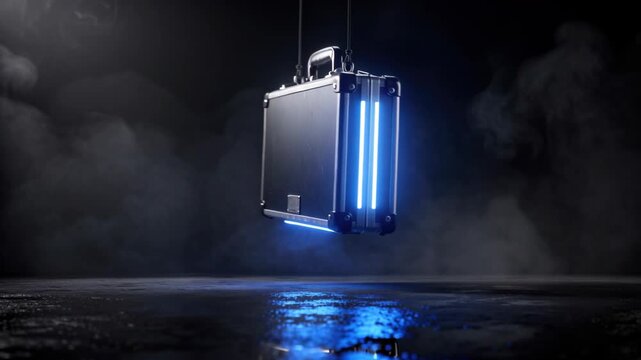 Mysterious Briefcase: A sleek, modern briefcase with glowing blue lights hangs suspended in a dark, smoky atmosphere, creating an aura of intrigue and high-tech mystery.