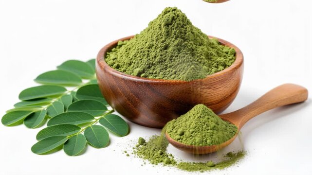 Moringa Powder in Wooden Bowl: Vibrant green moringa powder is displayed in a rustic wooden bowl and spoon, surrounded by fresh moringa leaves.
