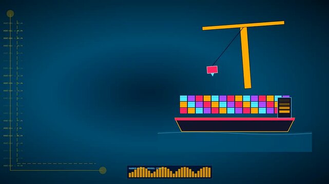 A logistics flow visualization depicts a heavy crane moving cargo containers onto a transport ship with analytical data bars appearing in a minimalist dark digital environment