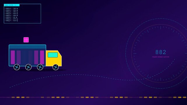 A logistics flow visualization displaying a yellow delivery truck moving across a digital screen showing shifting inventory data counts and shifting fleet status interface metrics