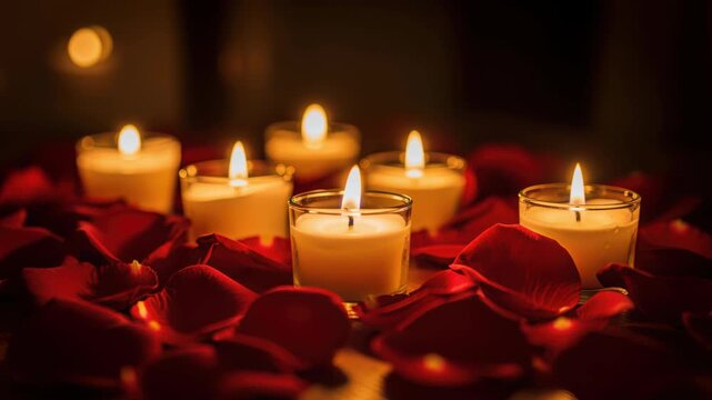 Romantic Ambiance: A collection of votive candles glows warmly amidst a bed of deep red rose petals, creating an intimate and serene atmosphere for a special occasion.
