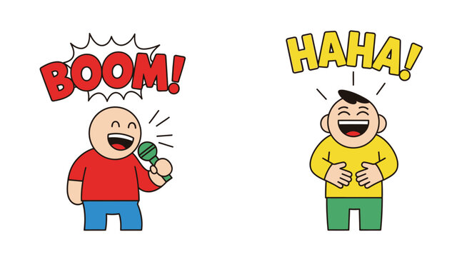 Man singing with microphone and laughing person, comic illustration
