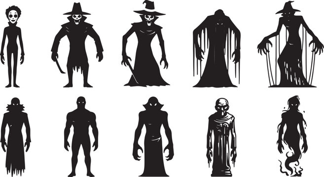 Collection of ten diverse horror monster silhouettes featuring ghosts, demons, undead creatures, and cloaked figures isolated on white background for spooky Halloween graphic designs.