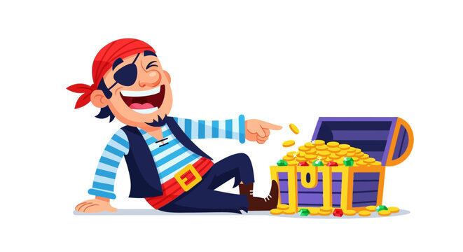 Laughing Pirate with Treasure Chest Full of Gold Coins