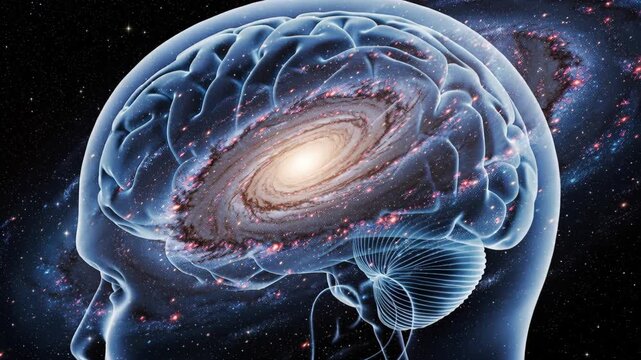 Cosmic Consciousness: An artistic depiction of a human head silhouette revealing a swirling galaxy within the brain, symbolizing profound thought, imagination, and the vastness of the mind.