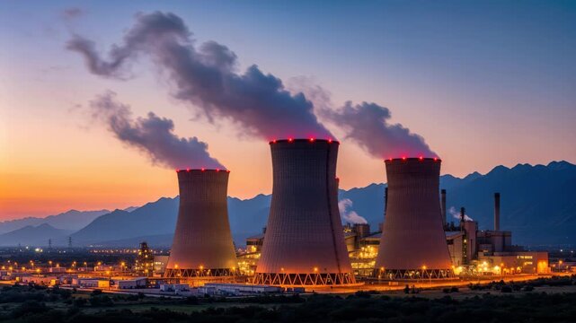 Industrial Powerhouse at Dusk: Three massive cooling towers of a power plant emit plumes of steam against a dramatic twilight sky.