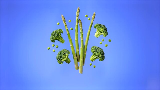 A fresh 3D rendering of bright green asparagus stalks, organic broccoli florets, and tiny green peas floating symmetrically in mid-air over a solid blue backdrop. Perfect for vegetarian recipes and gr