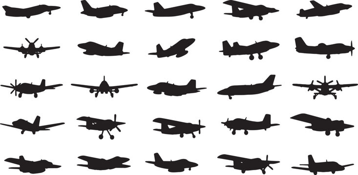 Large collection of aircraft silhouettes featuring fighter jets, propeller planes, private jets, and military aircraft in various flight positions on a clean white background.