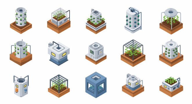 Collection of 3D industrial isometric icons.