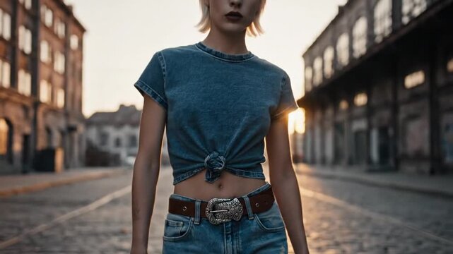 Close-up of ripped blue jeans and ornate silver belt buckle.