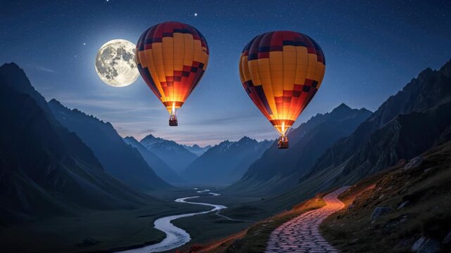 Moonlit Adventure: Two hot air balloons drift serenely through a vast mountain valley under the luminous glow of a full moon, embarking on a magical night flight.