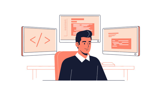 programmer working on computers with code on screens