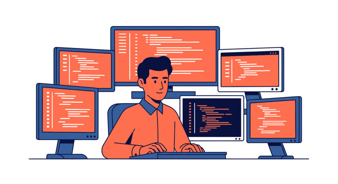 programmer working on multiple computer screens