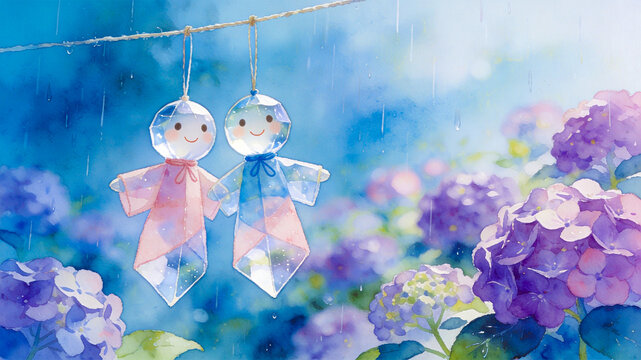 てるてる坊主と紫陽花の花が咲く雨の日の水彩風イラスト