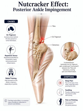 3D medical infographic of Nutcracker Effect and posterior ankle impingement syndrome, illustration showing ballet dancer en pointe foot with os trigonum bone compression.