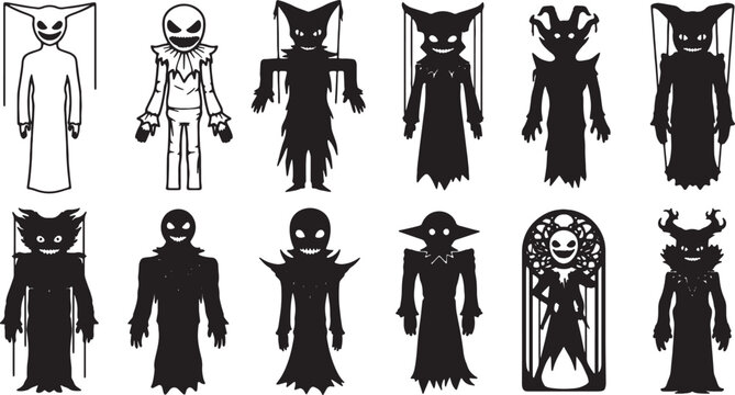 Set of twelve creepy silhouette character designs featuring spooky jesters, puppets, and dark monsters with glowing eyes, jagged grins, and tattered clothing for Halloween horror themes.