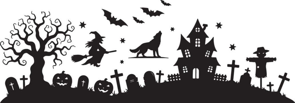 Halloween silhouette horizontal banner featuring a gnarled spooky tree, graveyard tombstones, jack-o-lanterns, flying witch on broomstick, howling wolf, haunted house, and a scarecrow.