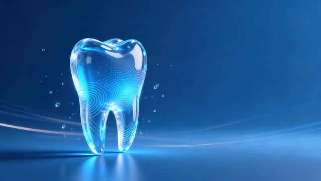 Glass tooth with blue glow