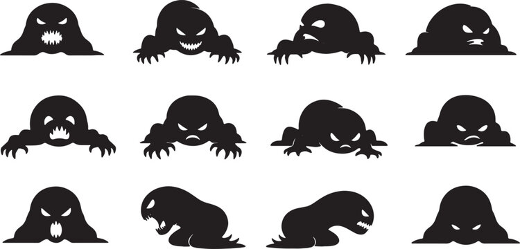 Set of twelve black silhouette illustrations featuring monstrous blob creatures, amorphous slime entities, and shadow ghouls with angry eyes, sharp teeth, and claws on a white background.
