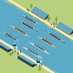 Rowing teams on a lake water. © Salim