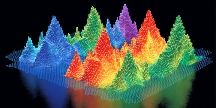 The Spectrum Peaks: A Mountain Range Built from Data and Colour, ai generated.