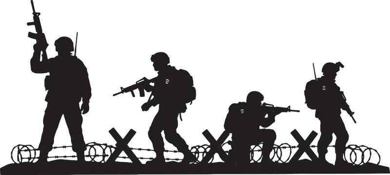 Black silhouette of four soldiers in tactical gear and helmets carrying assault rifles, moving through a battlefield with barbed wire and anti-tank hedgehogs on a white background.