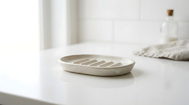An empty, light-colored, oval ceramic soap dish with drainage slats sits on a clean white countertop in a bright room.