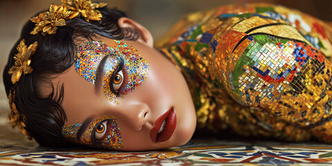 Fototapeta premium The Mosaic‑Face Oracle: Colour, Geometry, and a Gaze of Living Glass, ai generated.