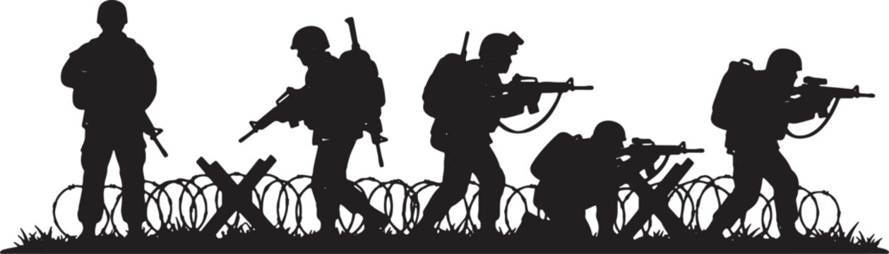 Black silhouette illustration of a group of five modern soldiers in full combat gear moving past barbed wire and anti-tank obstacles on a flat white background for military themes.