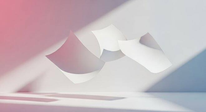 Elegant white sheets of paper drift gracefully in a bright minimalist space, creating soft shadows against a clean neutral wall background, floating, elegant, clean