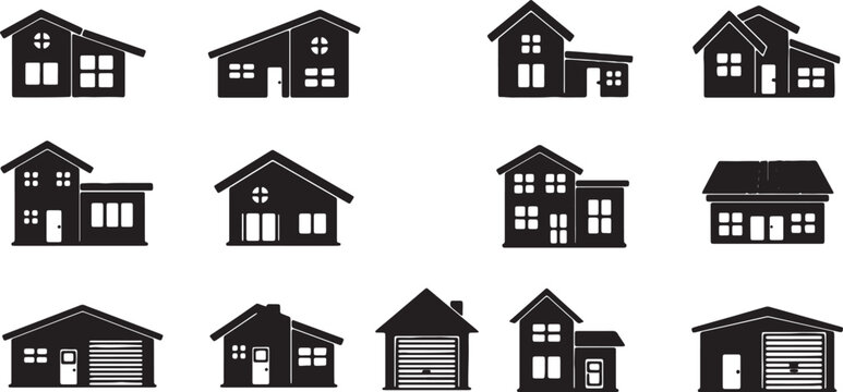 Vector silhouette collection of various house styles including suburban homes, cottages, two-story houses, and garages with roller doors, isolated on a white background.