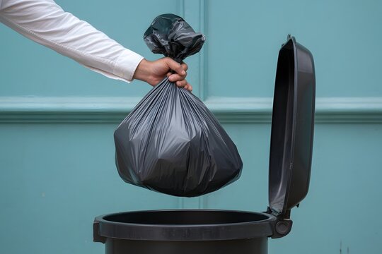 Person throwing black trash bag into bin outdoors with disposal pollution cleaning