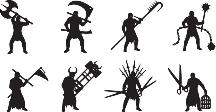 Silhouette collection of eight fantasy executioners and dark warriors wielding medieval weapons including double-headed axes, scythes, maces, flails, and oversized scissors.
