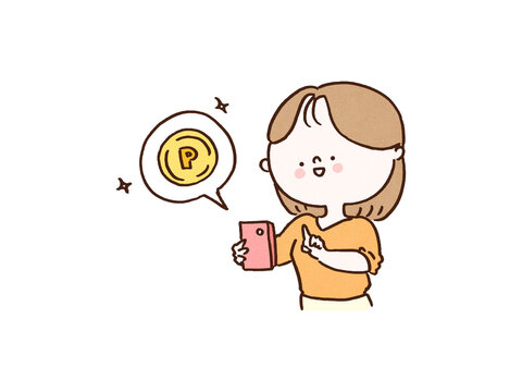 Smiling woman tapping a smartphone to earn reward points, loyalty program or digital earning concept