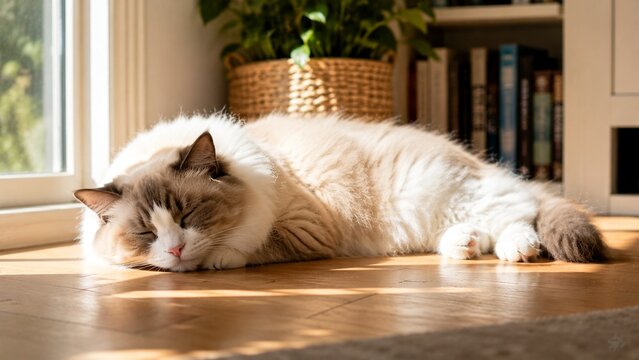 A ragdoll cat sleeping on the floor of a house