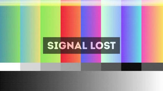 Classic broadcast television test pattern with 'signal lost' message indicating an interruption or error