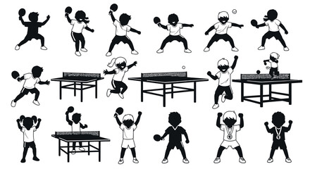 Fototapeta premium Black and White Silhouette of Children Playing Table Tennis and Winning
