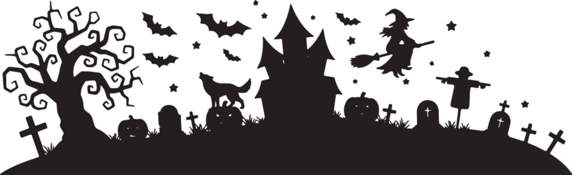 Halloween Silhouette Border with Haunted House, Flying Witch on Broom, Spooky Tree, Bats, Cemetery Tombstones, Jack-O-Lantern Pumpkins, Howling Wolf, and Scarecrow on White Background